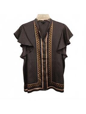 Ann Taylor Navy printed Navy silky blouse with brown pattern size xs